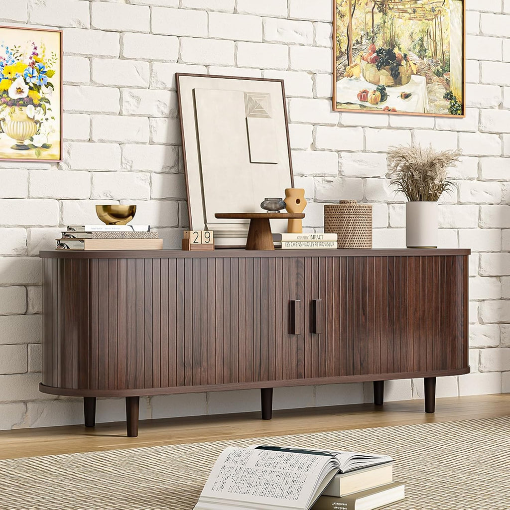 58" Mid Century Modern TV Stand, TV Consoles with Sliding Doors, Wood Entertainment Center with Power Outlet and