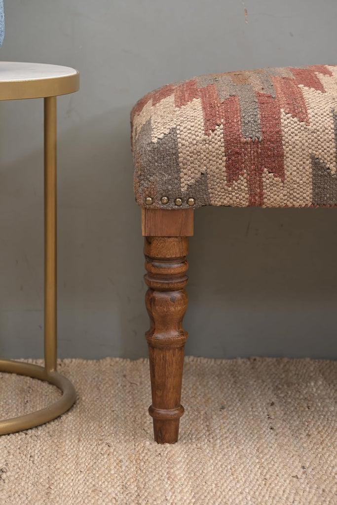 Acacia Wood Kilim Jute Fabric Upholstered Bench | Southwestern Pattern Wooden Ottoman with Turned KD Legs , End of