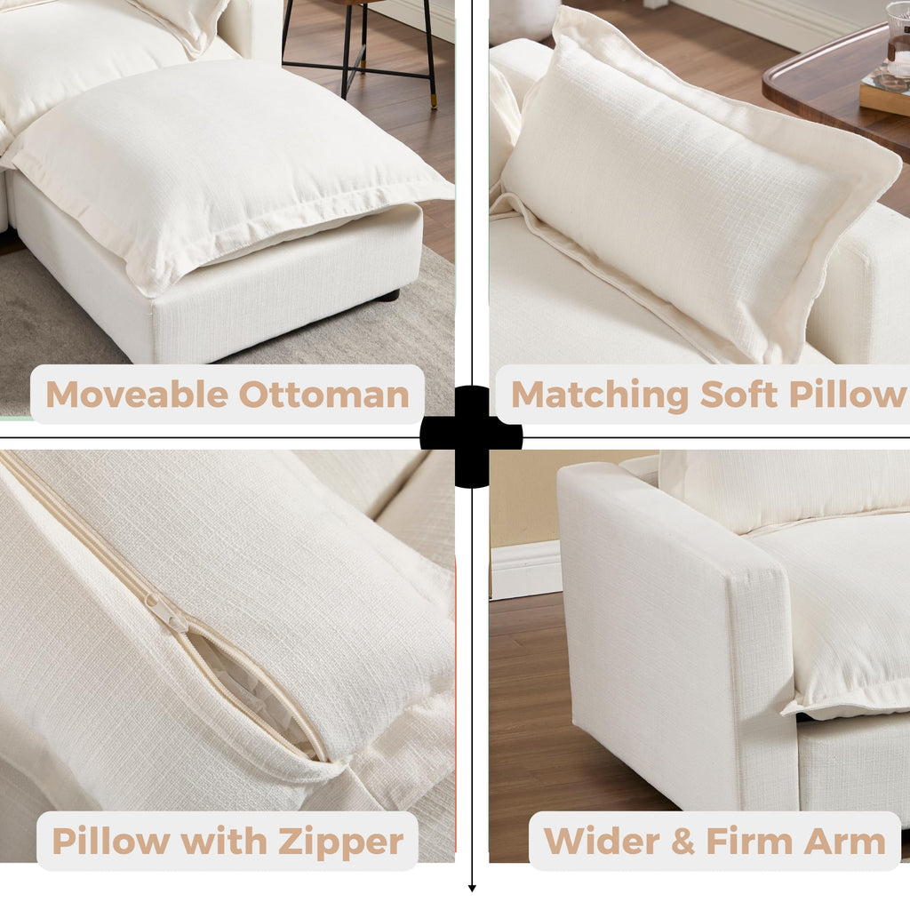 97" Modular Sectional Sofa with Moveable Ottoman Upholstered Deep Seat Linen Couch Set with Soft Pillows L Shaped