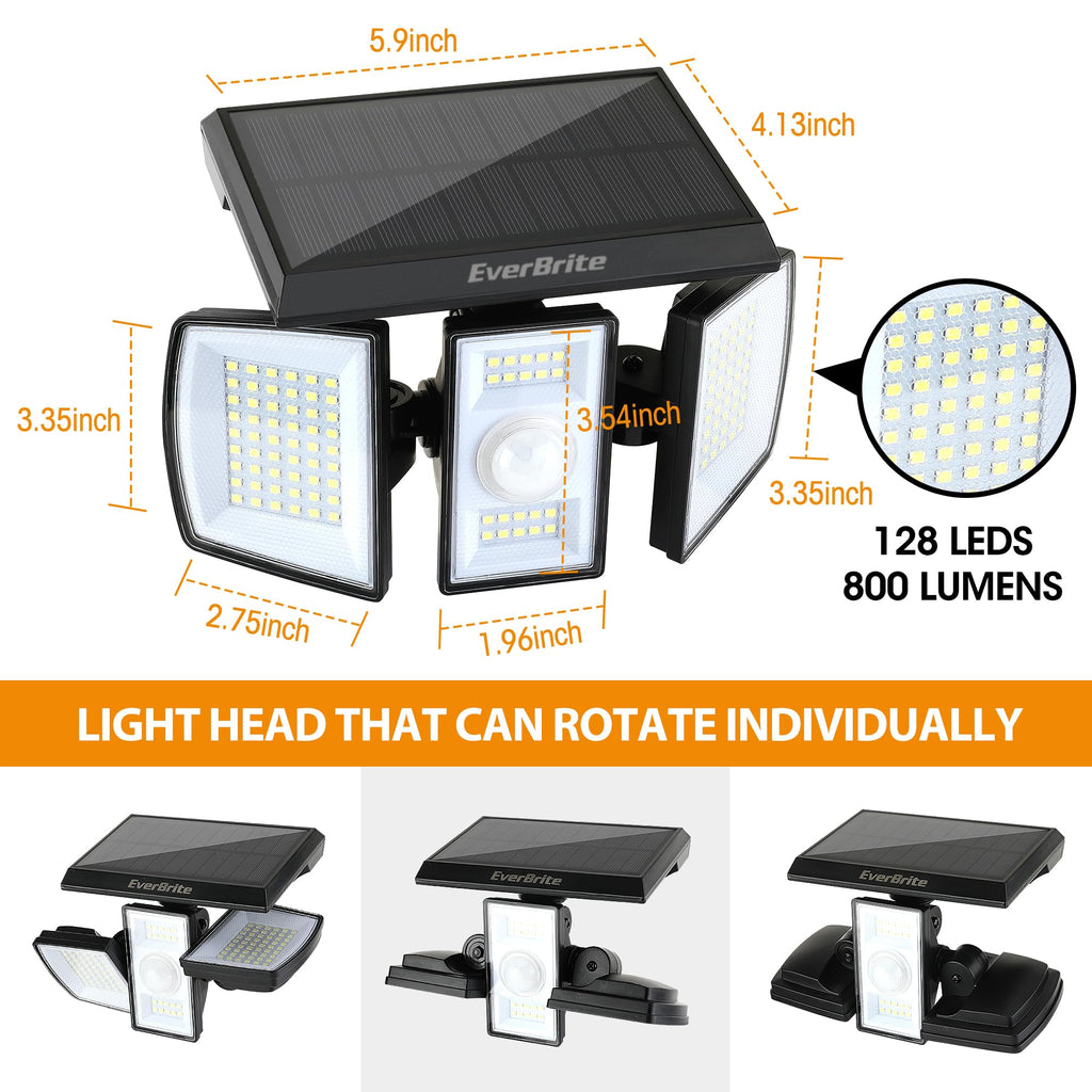 2PK Solar Motion Sensor Lights, 3 Heads, IP65 Waterproof Outdoor