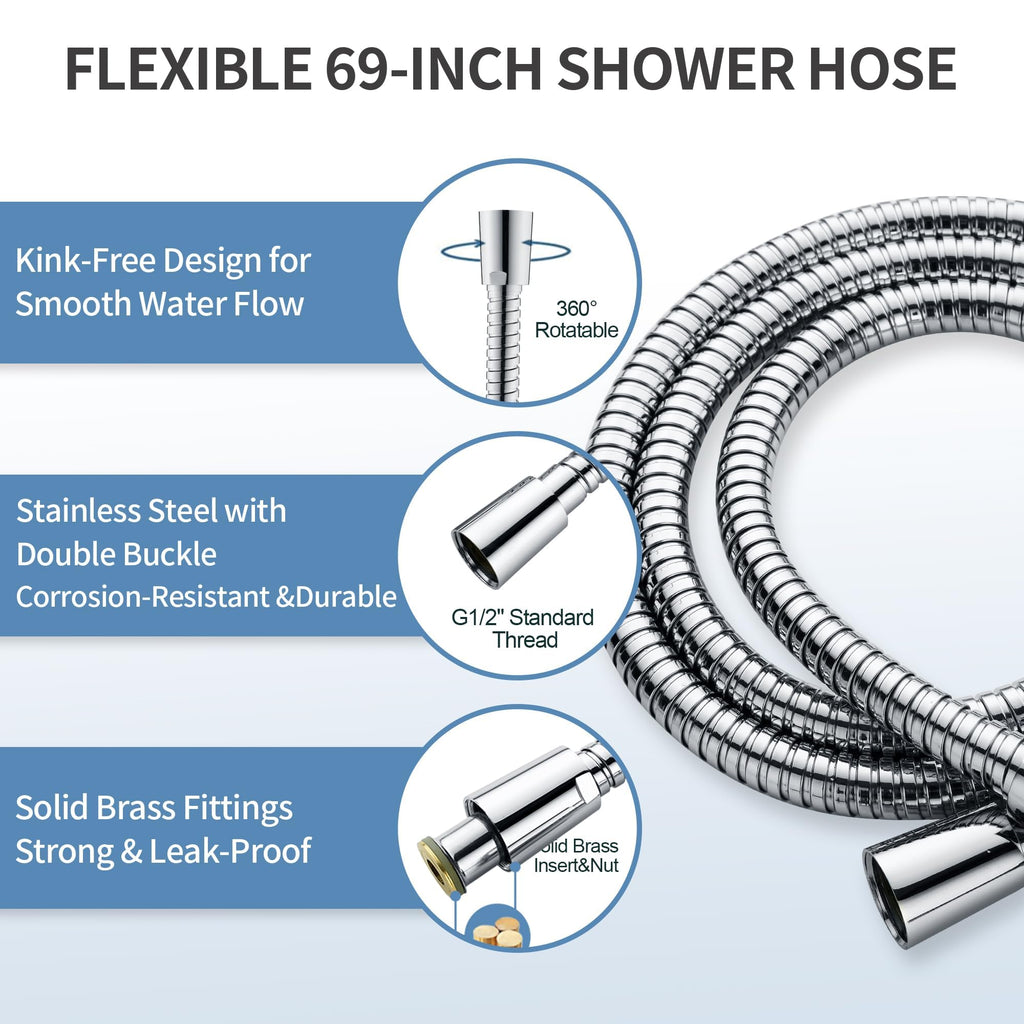 Stainless Steel Grab Bar Set - Includes Handheld Shower Head with Extra Long Hose, Shower Head and Hose Chrome Plated
