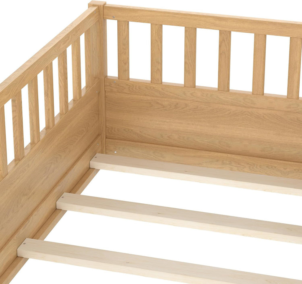 Twin Size Floor Bed with Slats and Fence