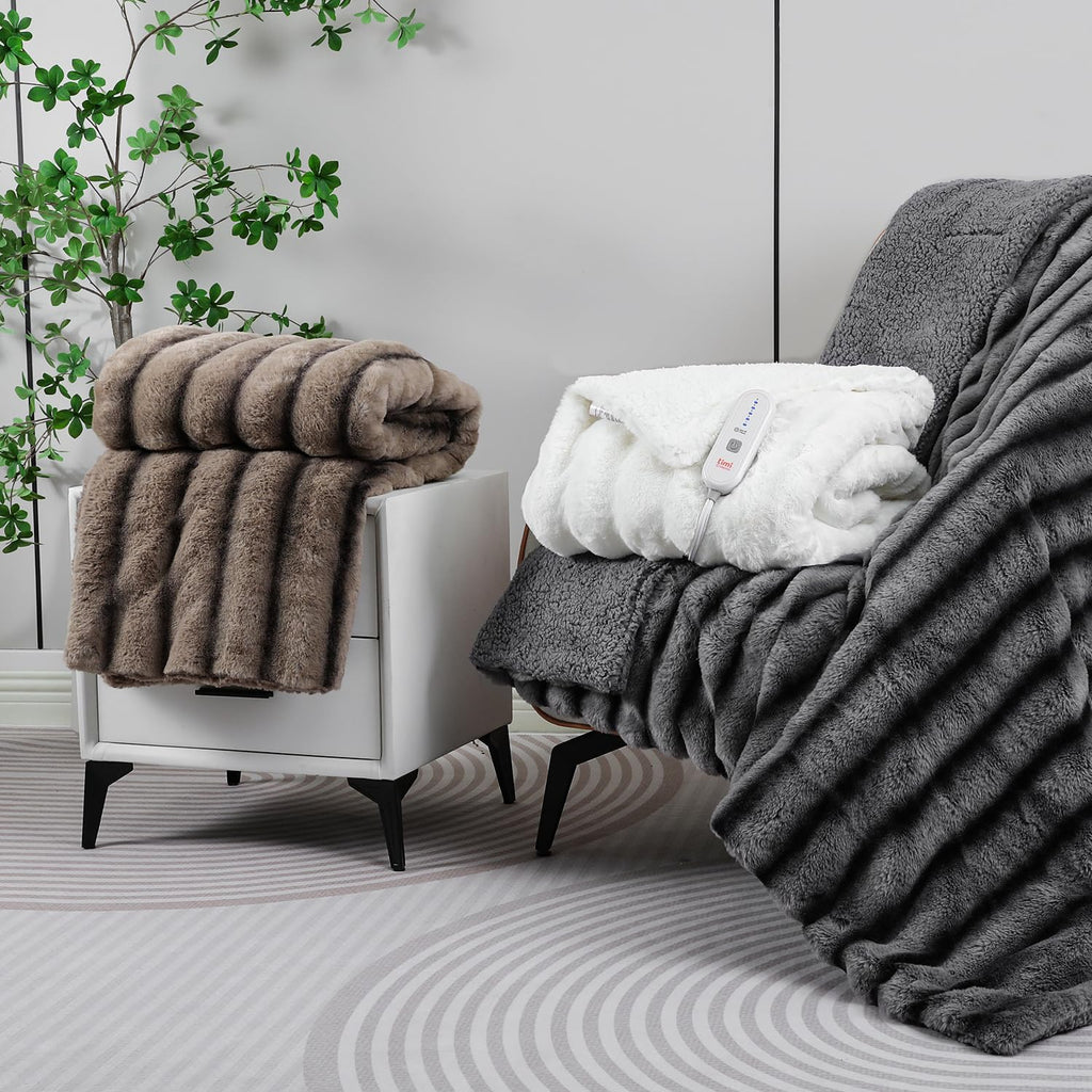 Heated Blanket Electric Throw- 50"x60" Soft Thick Faux Fur Electric Blanket for Sofa with 5 Heat Levels & 4 Hours