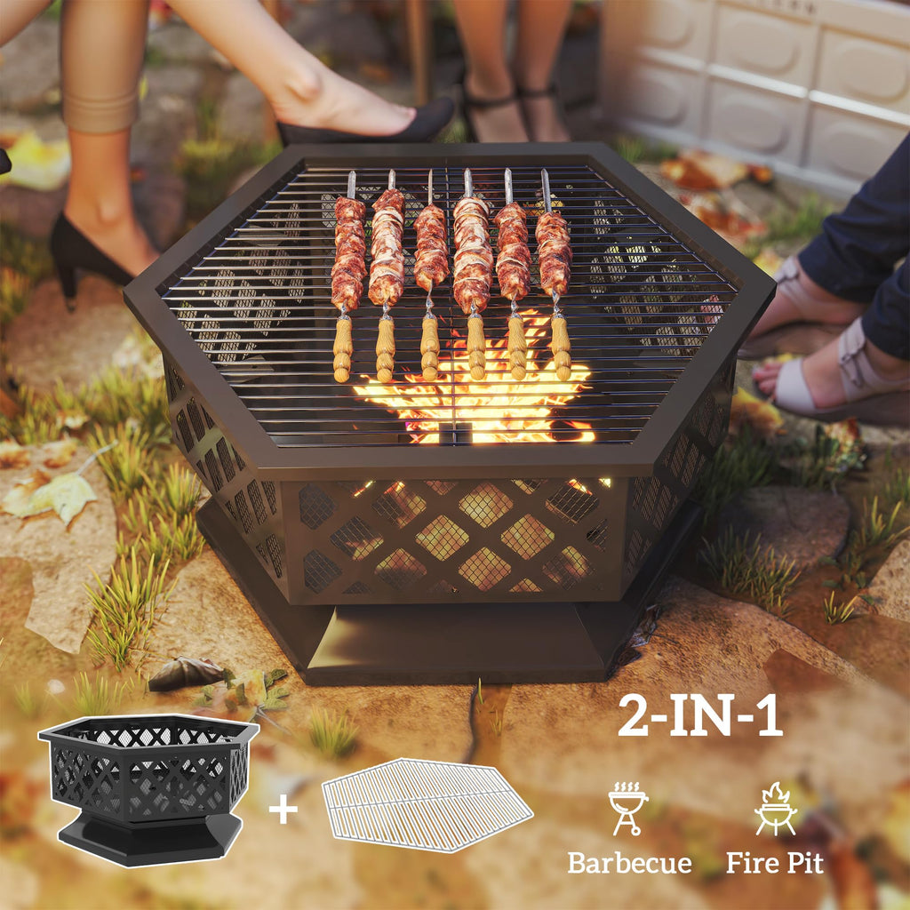28" Outdoor Fire Pit Grill Portable Wood Burning Firepit