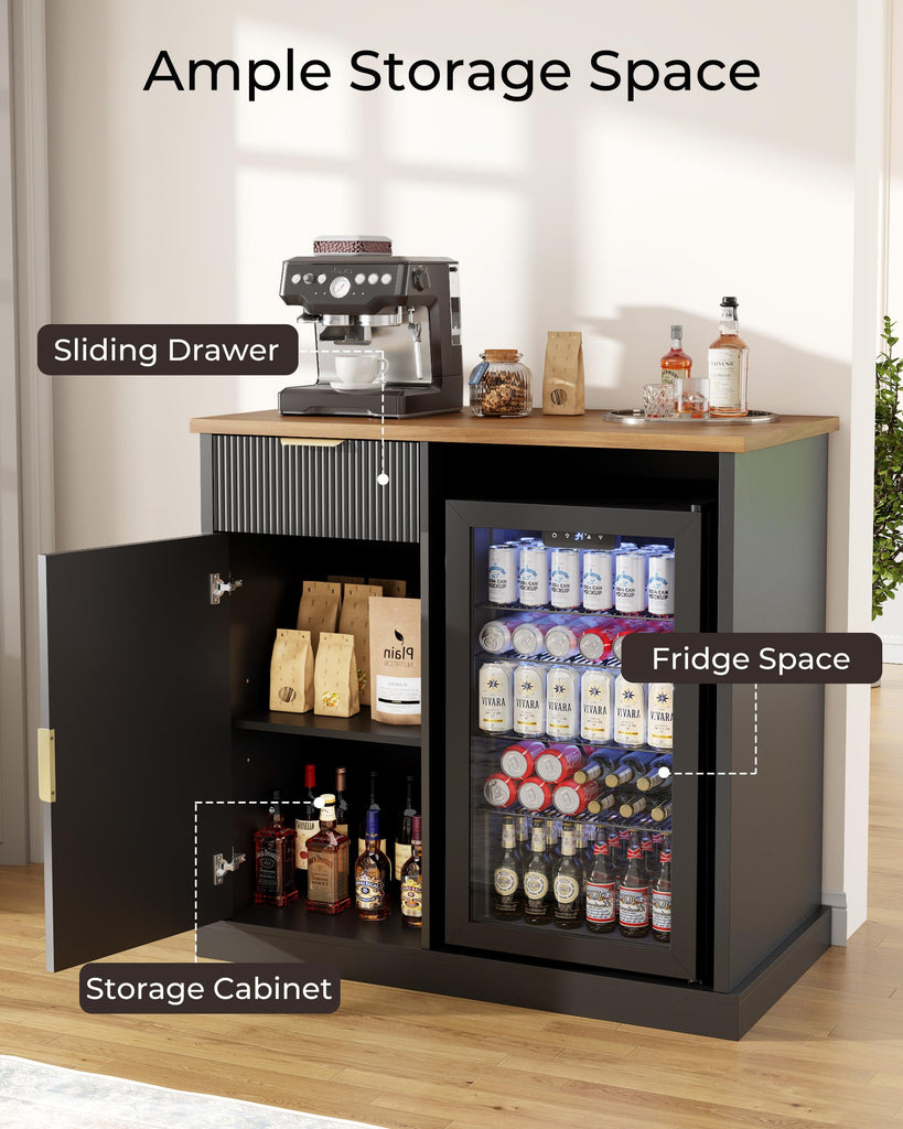 Fluted Coffee Bar with Fridge Space & Power Outlet, 39" Black