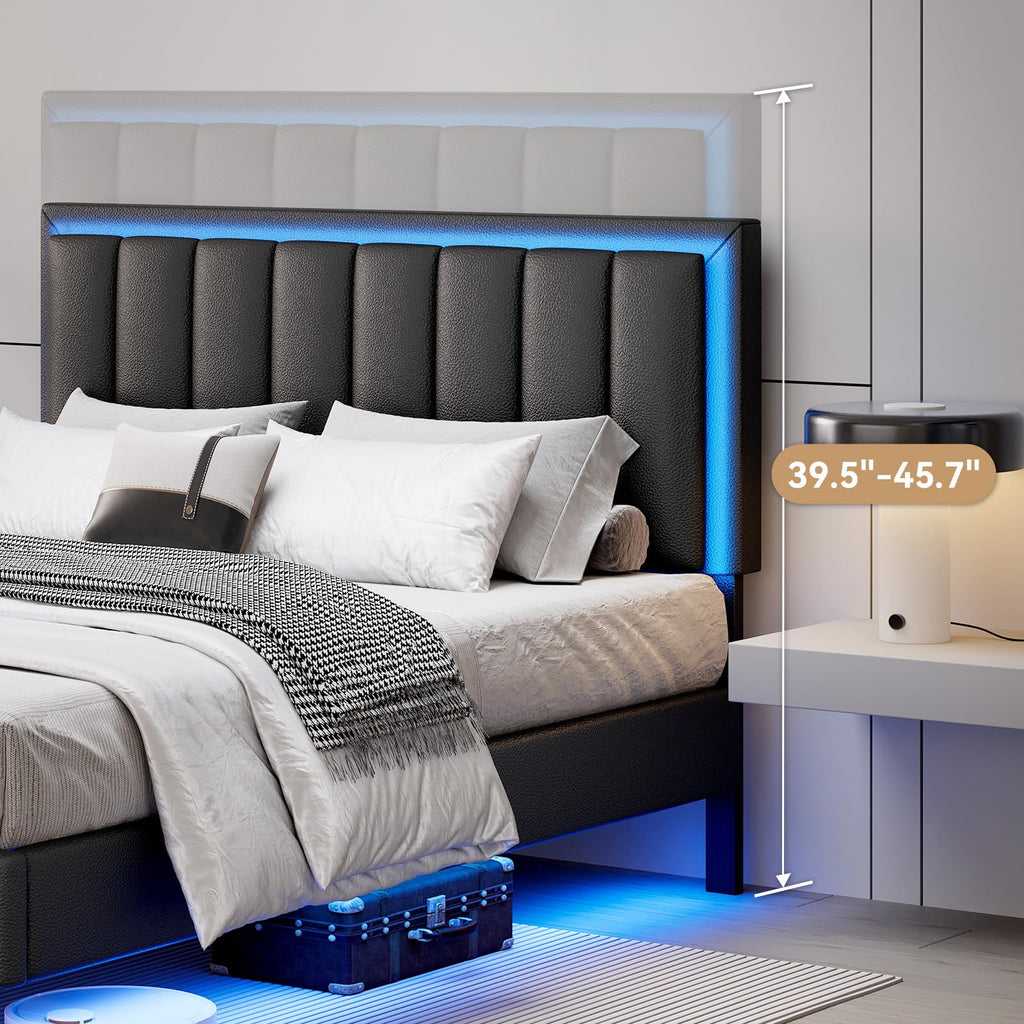 Full Size Floating Bed Frame with LED Lights, Upholstered Platform Bed with Headboard, 11 in Storage Clearance, Solid