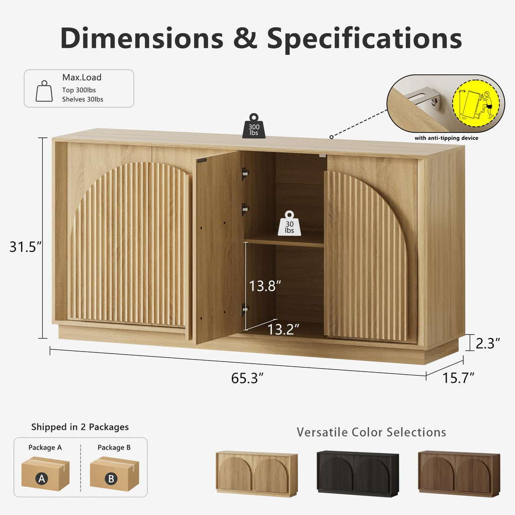 65" Sideboard Buffet Cabinet with Storage, Modular Credenza, Oak