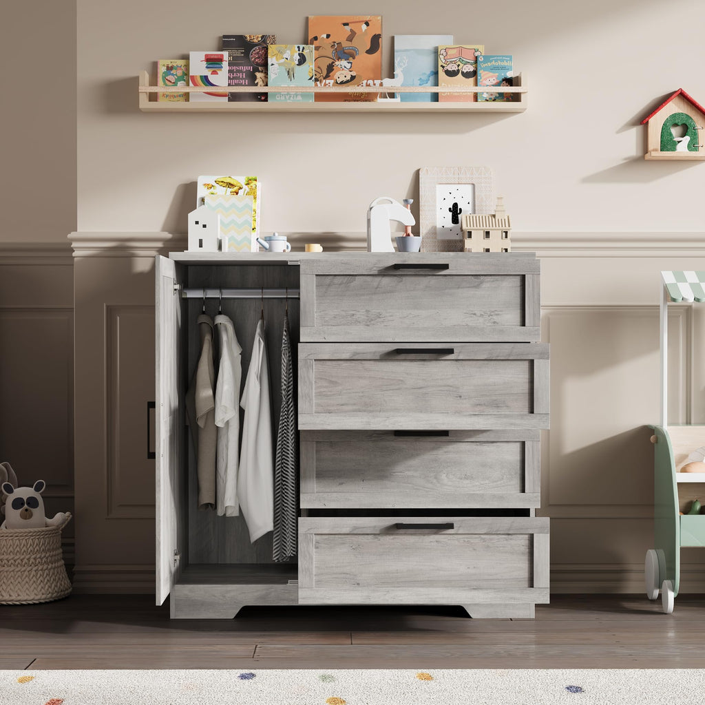 43.3'' H Armoire Wardrobe Closet with 4 Drawers and Hanging Rod, Multifunctional Wood 4 Drawers Dresser with Storage