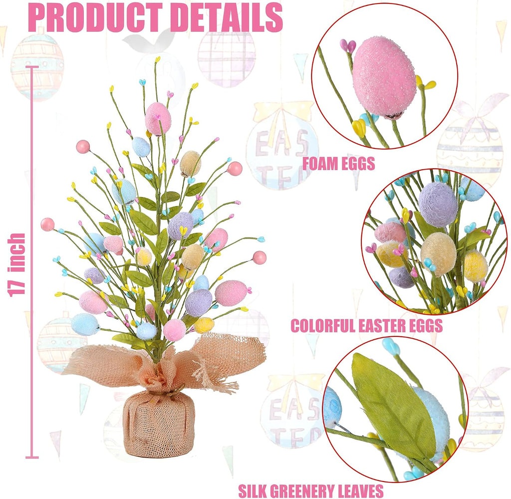 17'' Easter Egg Table Tree Easter Decorations with Artificial Eggs Greenery Leaves Berries Artificial Tree Decor