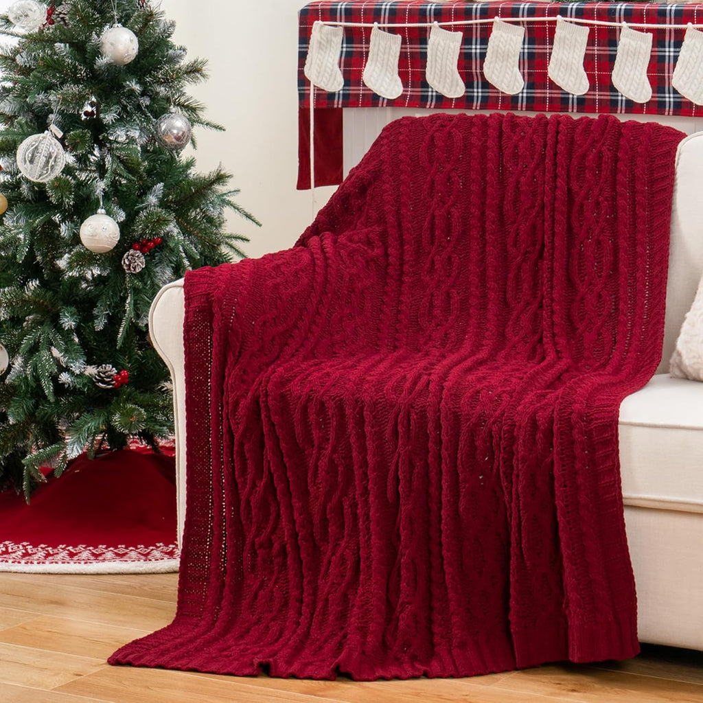 Christmas Dark Red Throw Blanket for Couch, Bed, Sofa, 51"x67", Woven Chenille Knit Throw Blankets, Gift Blanket