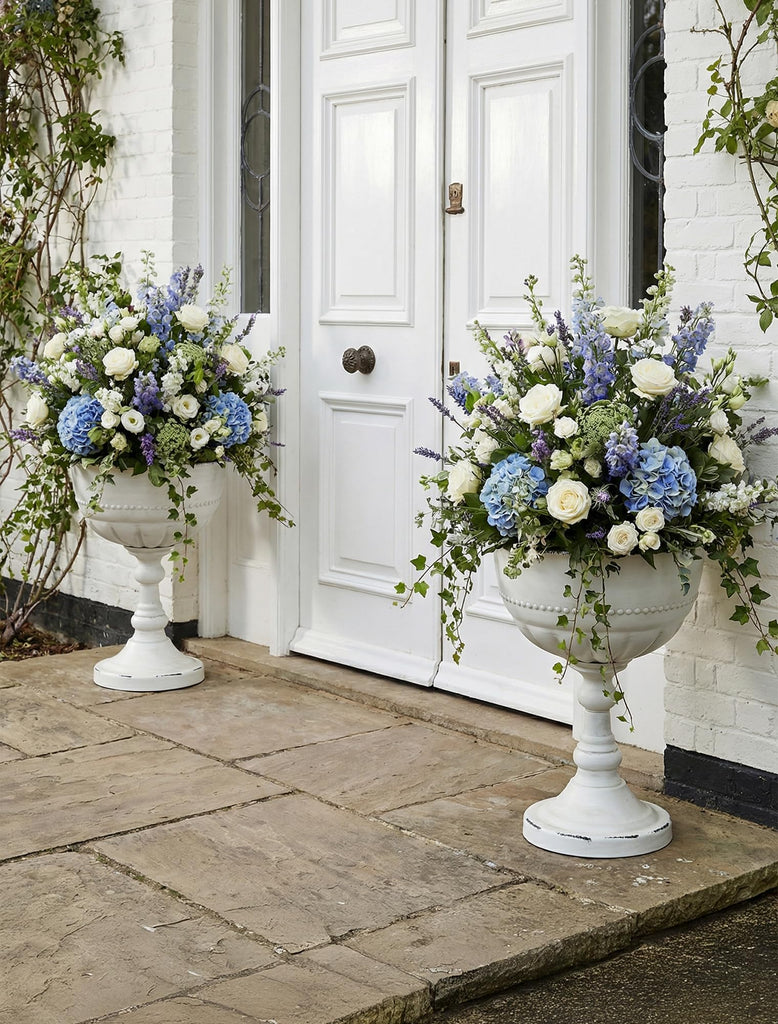 Tall Metal Urn Planters, White Large Flower Pots for Outdoor Plants