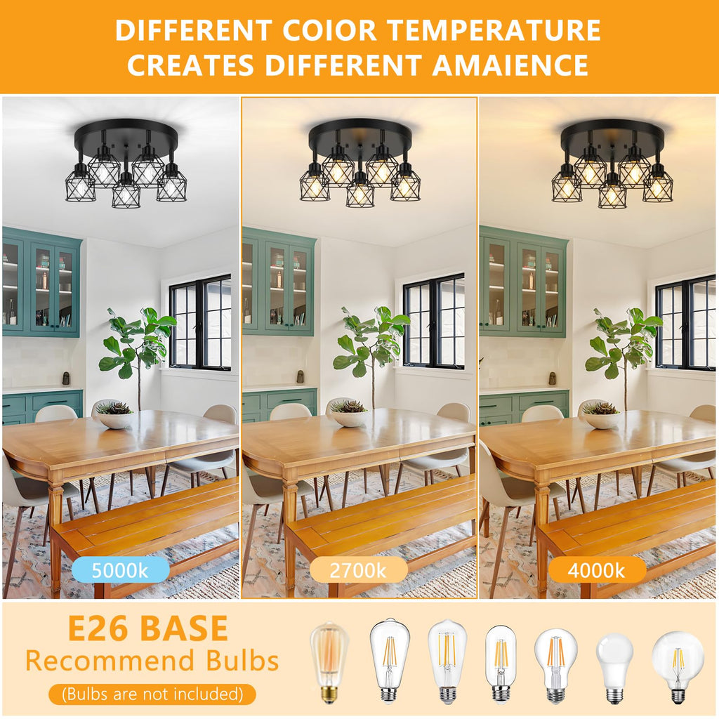 5-Light Adjustable Kitchen Light Fixtures, Multi-Directional Black Ceiling Light Fixtures, Semi Flush Mount Ceiling