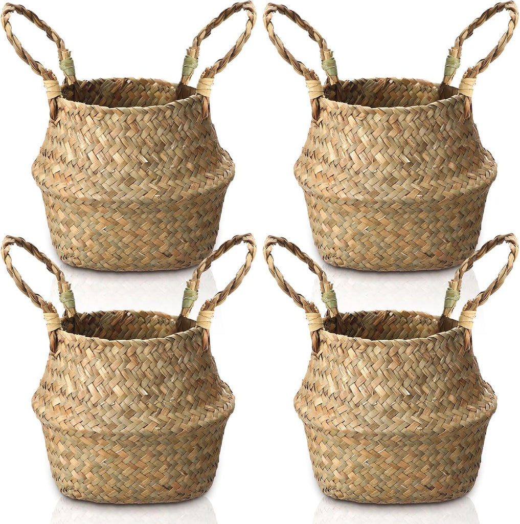 4 Pcs Woven Seagrass Baskets Belly Basket Folding Boho Natural Plant Pot with Handles Round Decorative Wicker Large