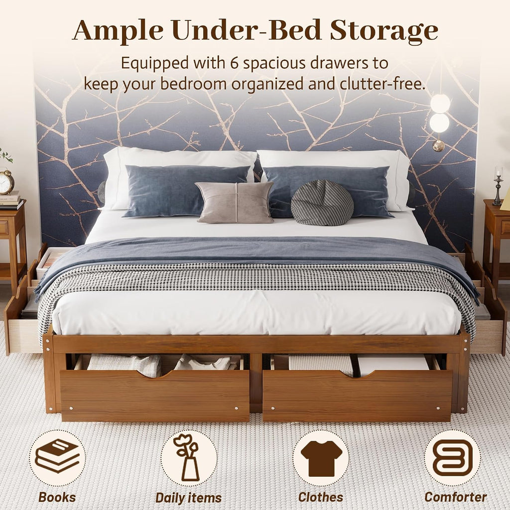 Wood Bed Frame with 6 Storage Drawers, No Headboard, Walnut