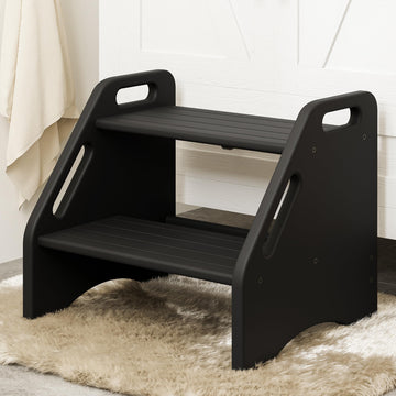 Wooden Step Stool - Two-Step 300 lbs Capacity With Safety Non-Slip Pads and Handles, Bamboo, Dual Height for Adults