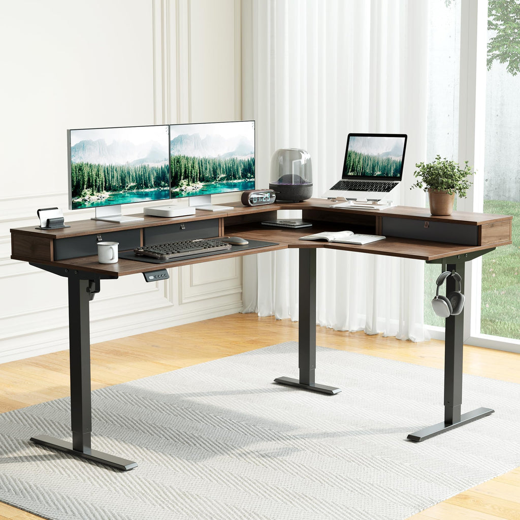 63"x48" L Shaped Standing Desk with Drawers & Shelf, Deep Walnut