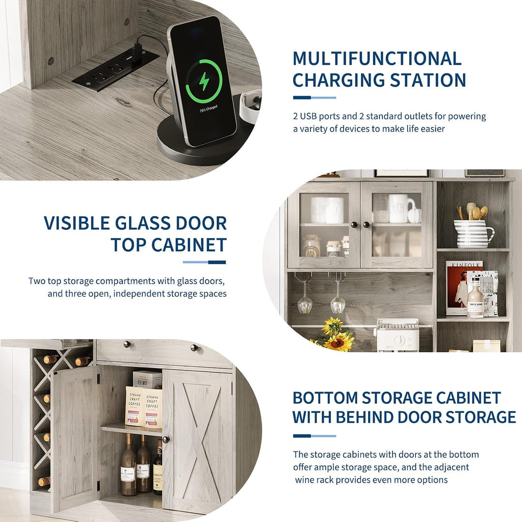 Contemporary Upright Storage Cabinet with Wine Bottle Rack | Built-in Outlet Spacious Shelves Multi-Functional