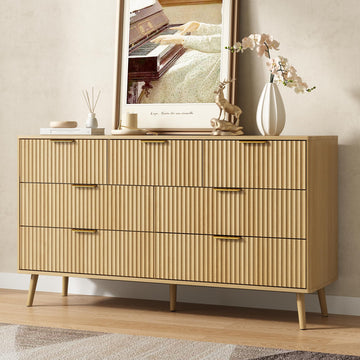 Fluted 7 Drawer Dresser, 55" Wide Wooden Chest of Drawers with Rounded Corners, Gold Handles, Modern Storage