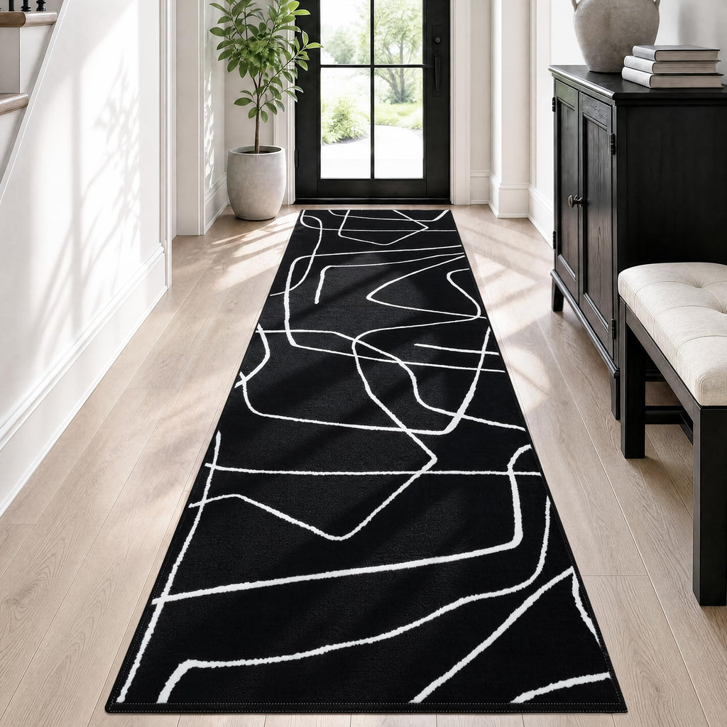 Washable Modern Black White Kitchen Runner Rug