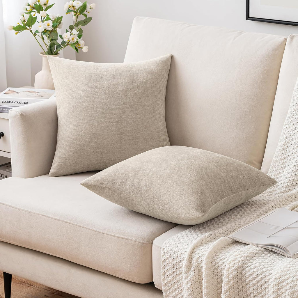 Pack of 2 Beige Decorative Pillow Covers 18x18 Inch Soft Chenille Couch Throw Pillows Farmhouse Cushion Covers