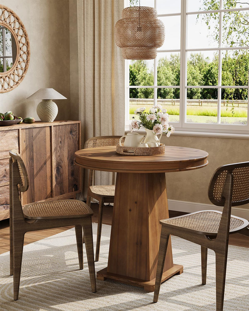 Solid Wood Round Dining Table, 31.5" Small Kitchen Table for 2, Modern Farmhouse Dinner Table, Artistic Geometric