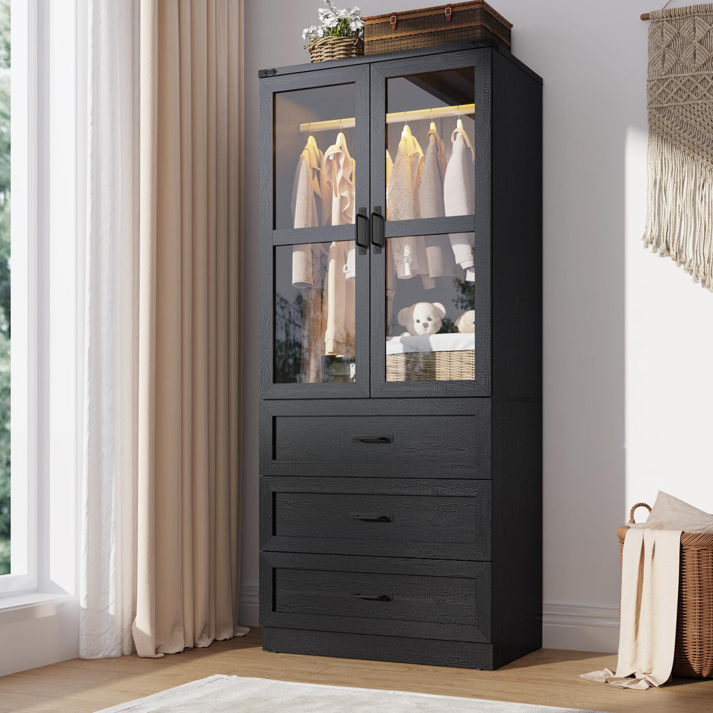 75" Tall Farmhouse 2 Doors Armoire Wardrobe Closet with 3 Drawers and LED, Freestanding Closet Wardrobe Cabinet with