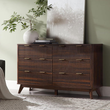 54" Wide Fluted 6 Drawer Dresser , Dark Walnut | Mid Century Modern, Curved Profile, Metal Handles, Anti-tip Kit