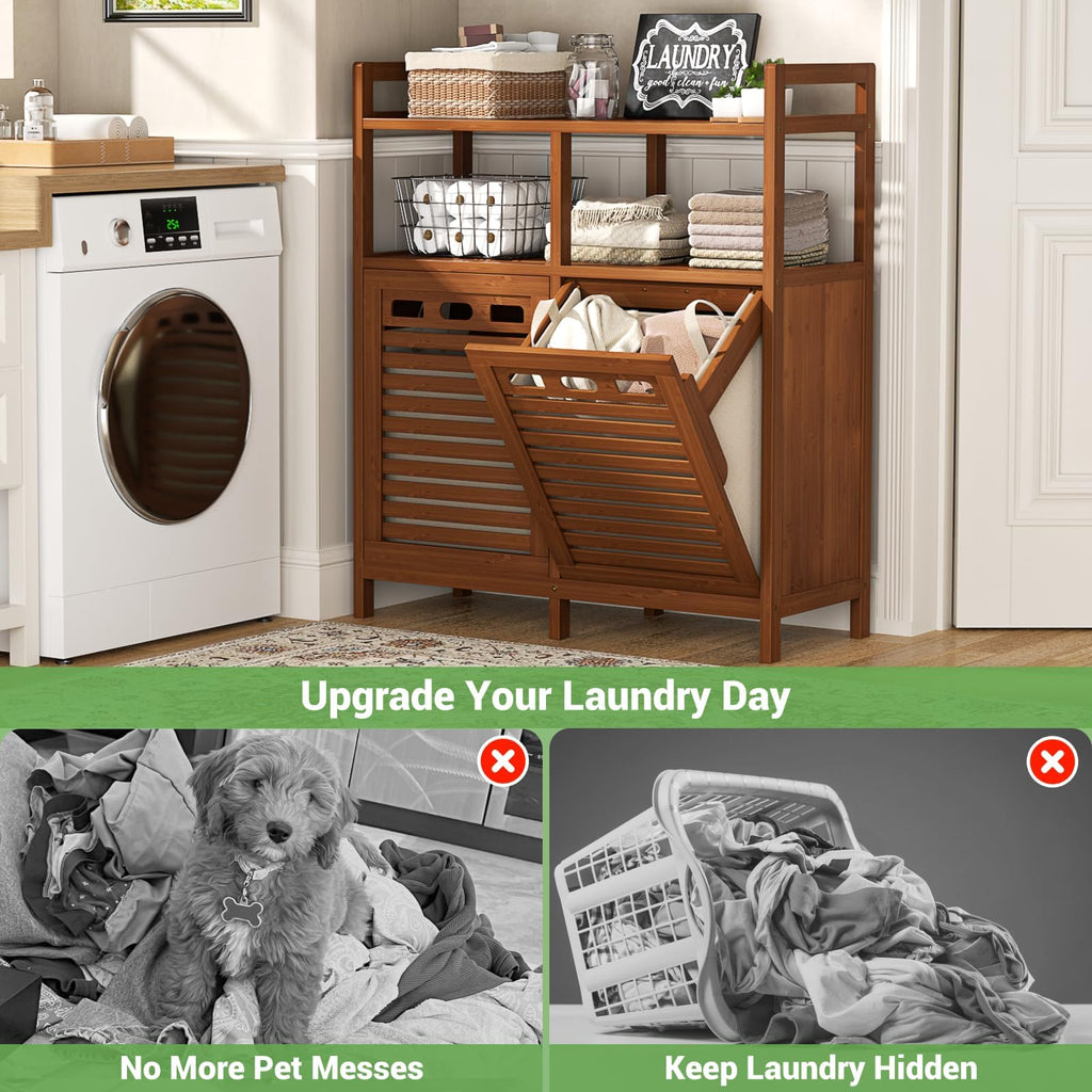 Bamboo Double Tilt Out Laundry Hamper Cabinet with 2 Bags, Walnut