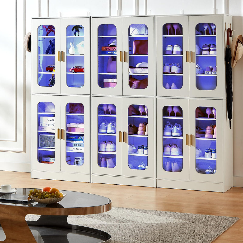 Tall LED Shoe Cabinet with Adjustable Shelves, White