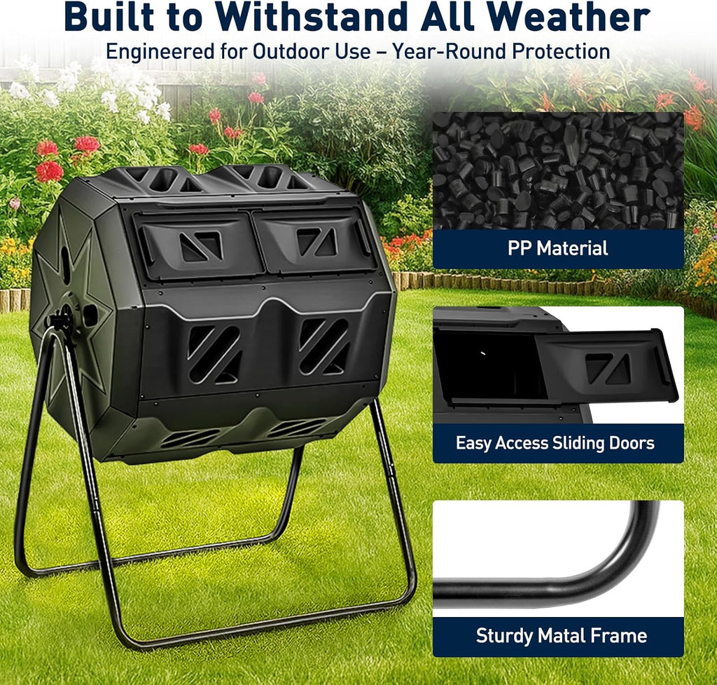 Dual Chamber Compost Bin Outdoor with Sliding Doors, 43 Gallon | 360° Rotating Tumbling Composter, Efficient
