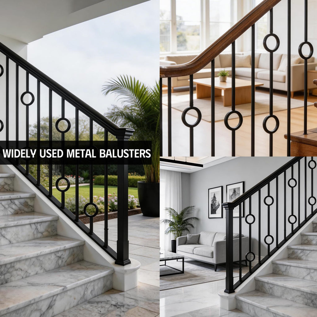Wrought Iron Balusters (Set of 10), 1/2 inch Double Ring Hollow Straight Stair Spindles, Decorative Metal Balusters