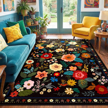Floral Washable 5x7 Area Rugs Black