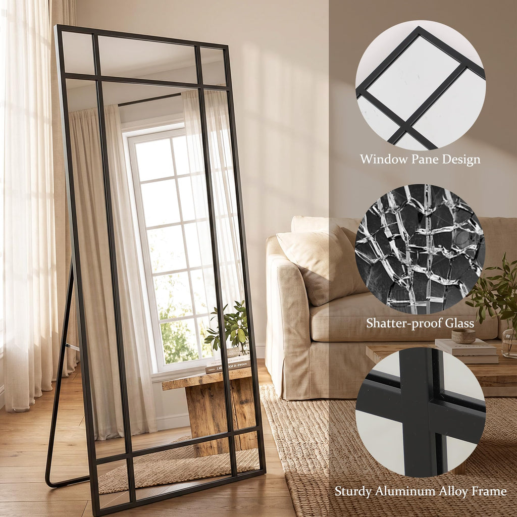 Windowpane Full Length Mirror, 71"x30" Floor Mirror, Black