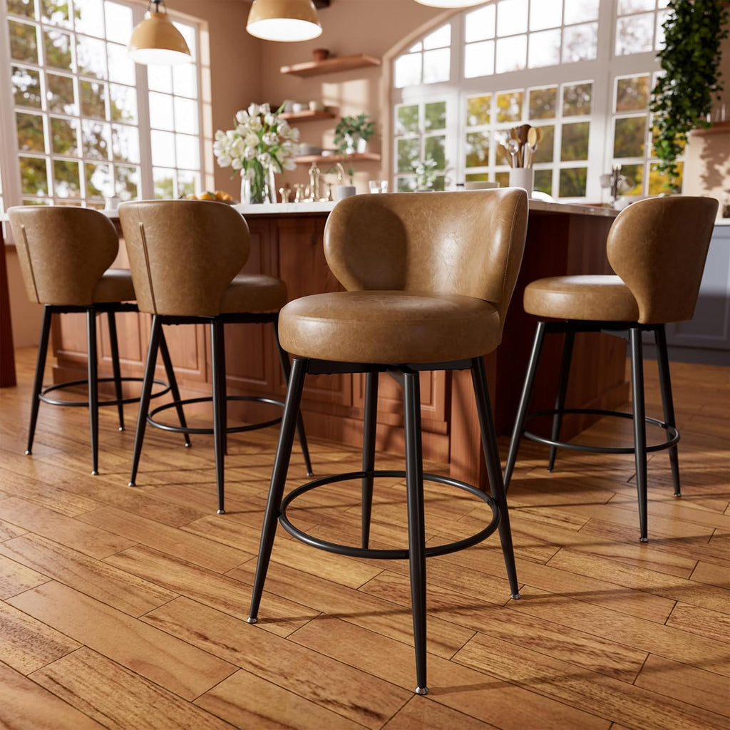 Bar Stools Set of 4, 26" Counter Height Swivel Leather Bar Stools, Upholstered Barstools with Back & Footrest Metal