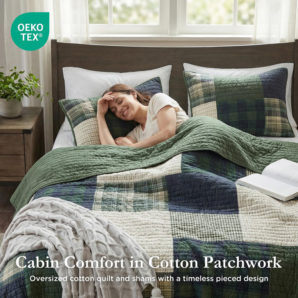 Mill Creek Reversible Quilt Set - Cottage Styling Reversed to Solid Color, All Season Lightweight Coverlet, Cozy