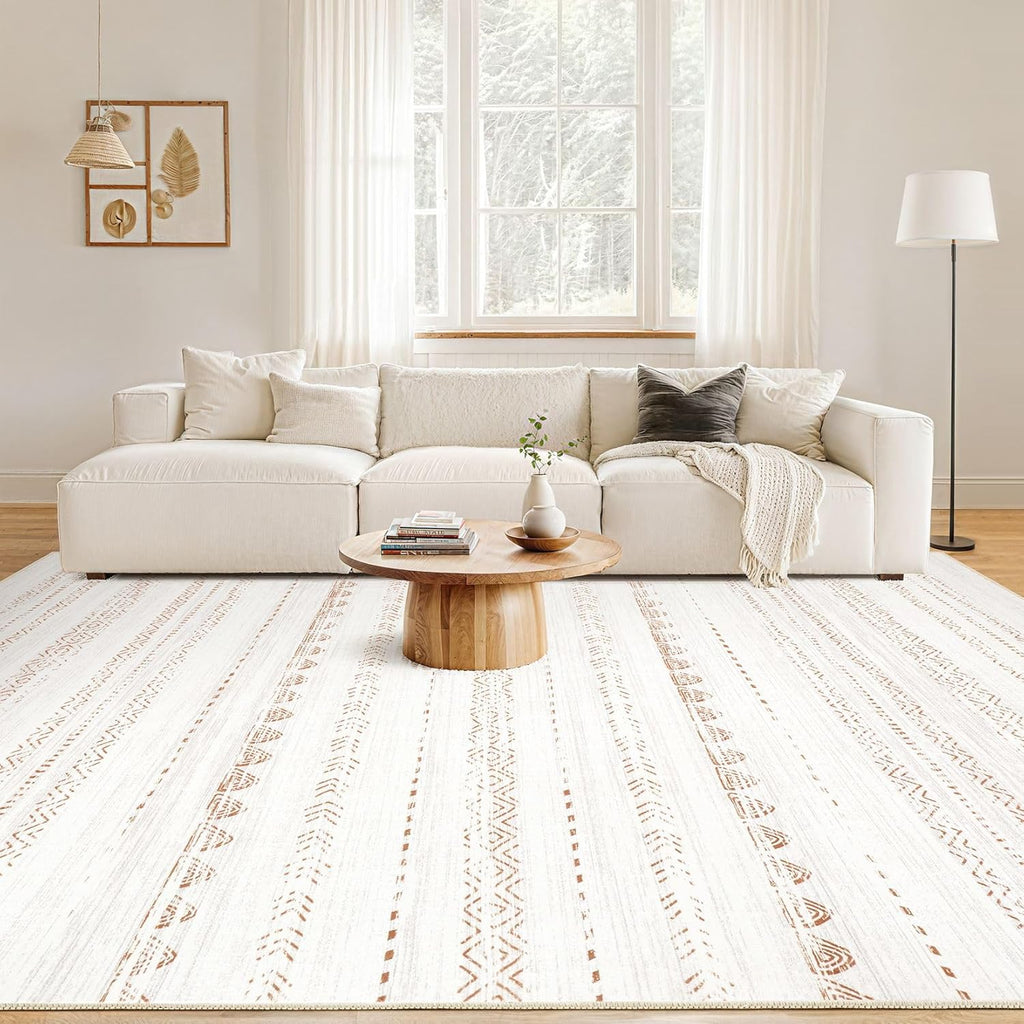 Area Rug Living Room Rugs: 5x7 Large Soft Machine Washable Boho Moroccan FarmNeutral Stain Resistant Indoor Floor Carpet