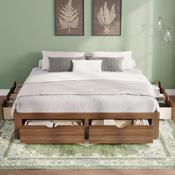 Solid Wood Floor King Bed Frame with Storage Drawers No Headboard
