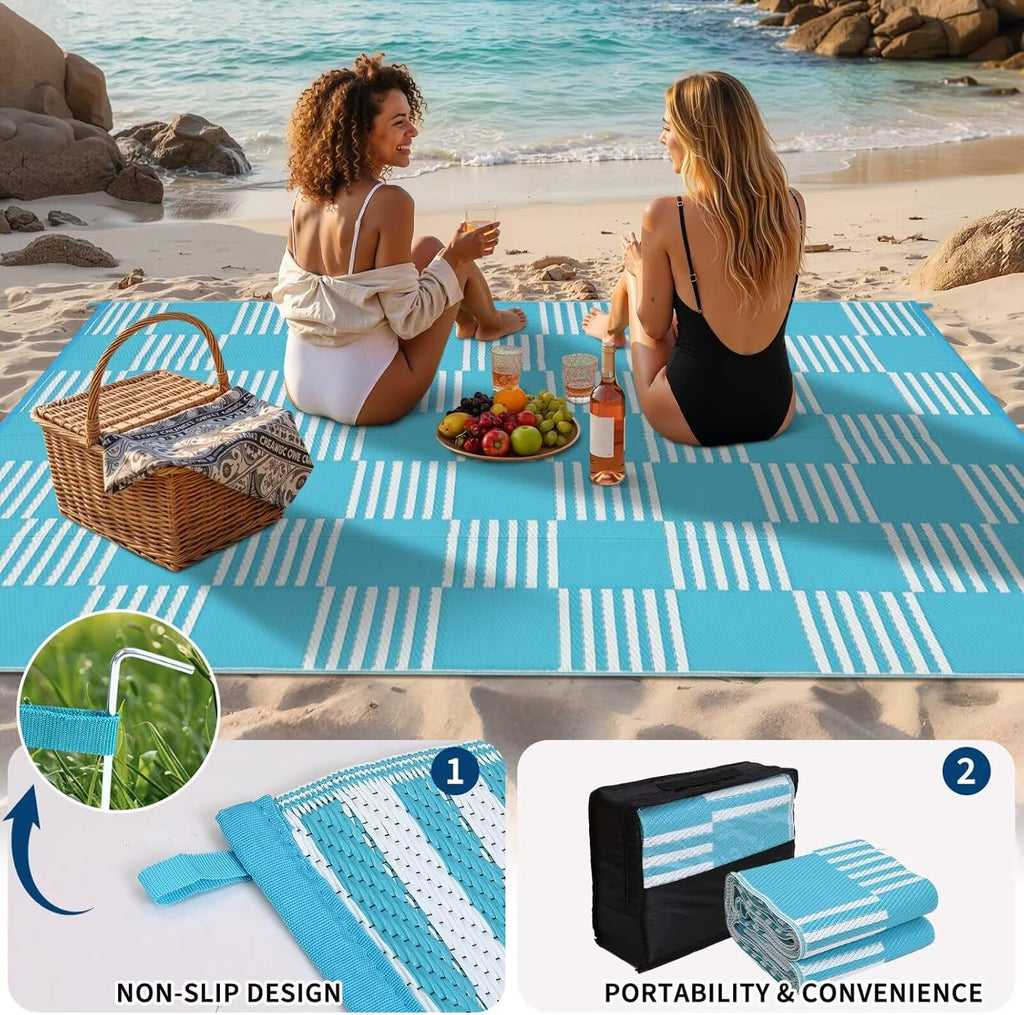 Waterproof Outdoor Rug 6x9, Checkered Foldable Plastic Straw Patio Camping Rug, Outdoor RV Carpet for Deck Camper