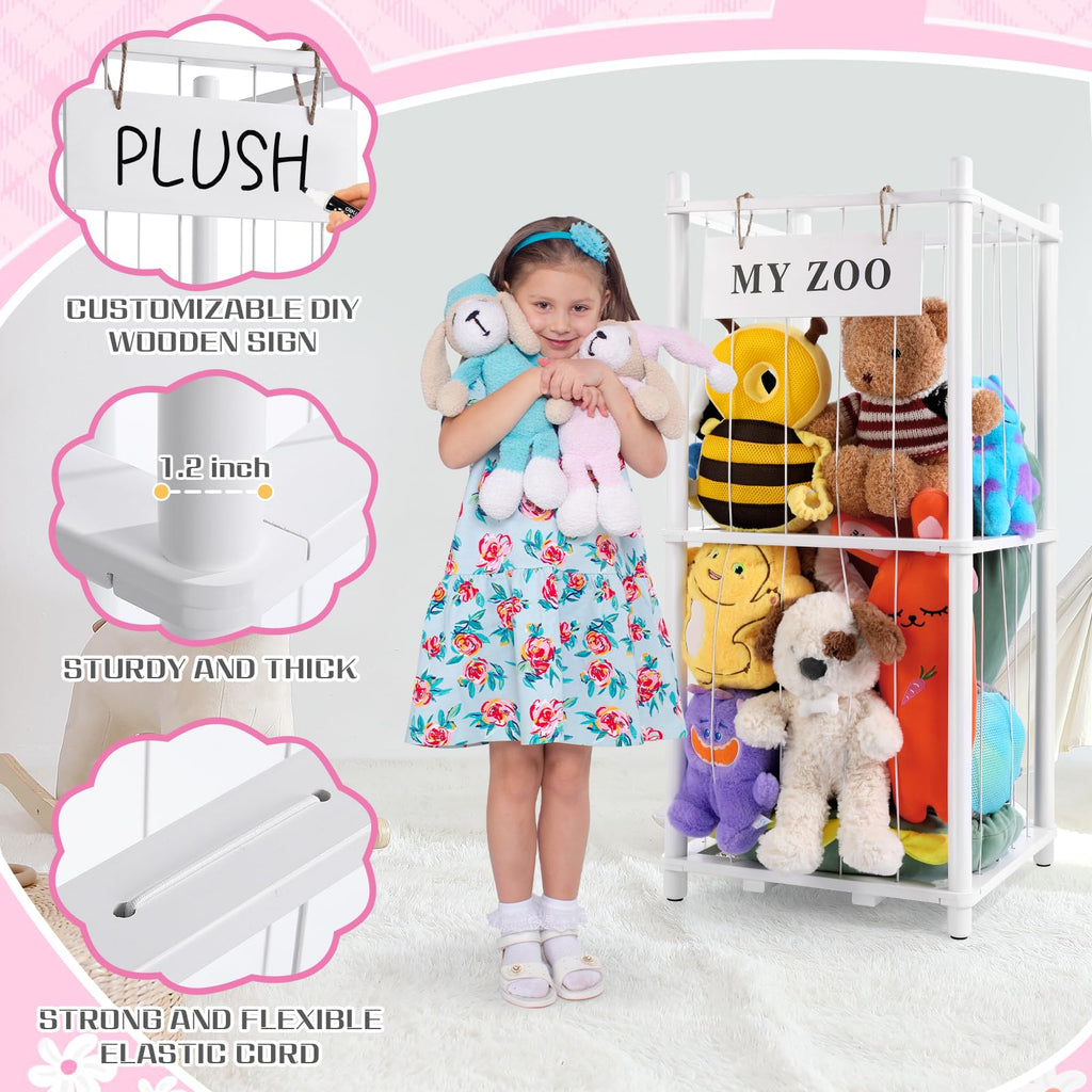 Stuffed Animal Storage Zoo, Wooden Stuffed Animal Organizer with Elastic Cords for Boys Girls, Space Saving Toy