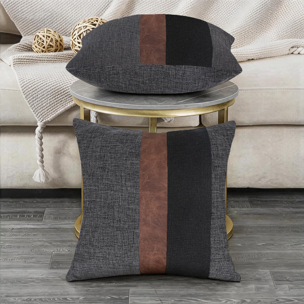Thick Black Linen Farmhouse Lumbar Throw Pillow Cover Black Brown Color Block Decorative Linen Faux Leather Ticking