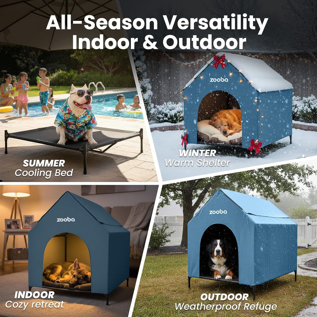 36in Large Dog House Outdoor, Elevated Dog Bed with Canopy, Blue