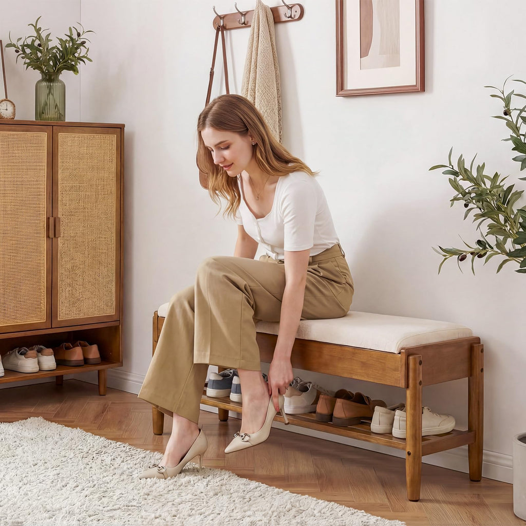 2 Tier Shoe Rack Bench with Flip-Top Storage, 39.3" Solid Wood Shoe Rack Bench with Chenille Cushion, Closet