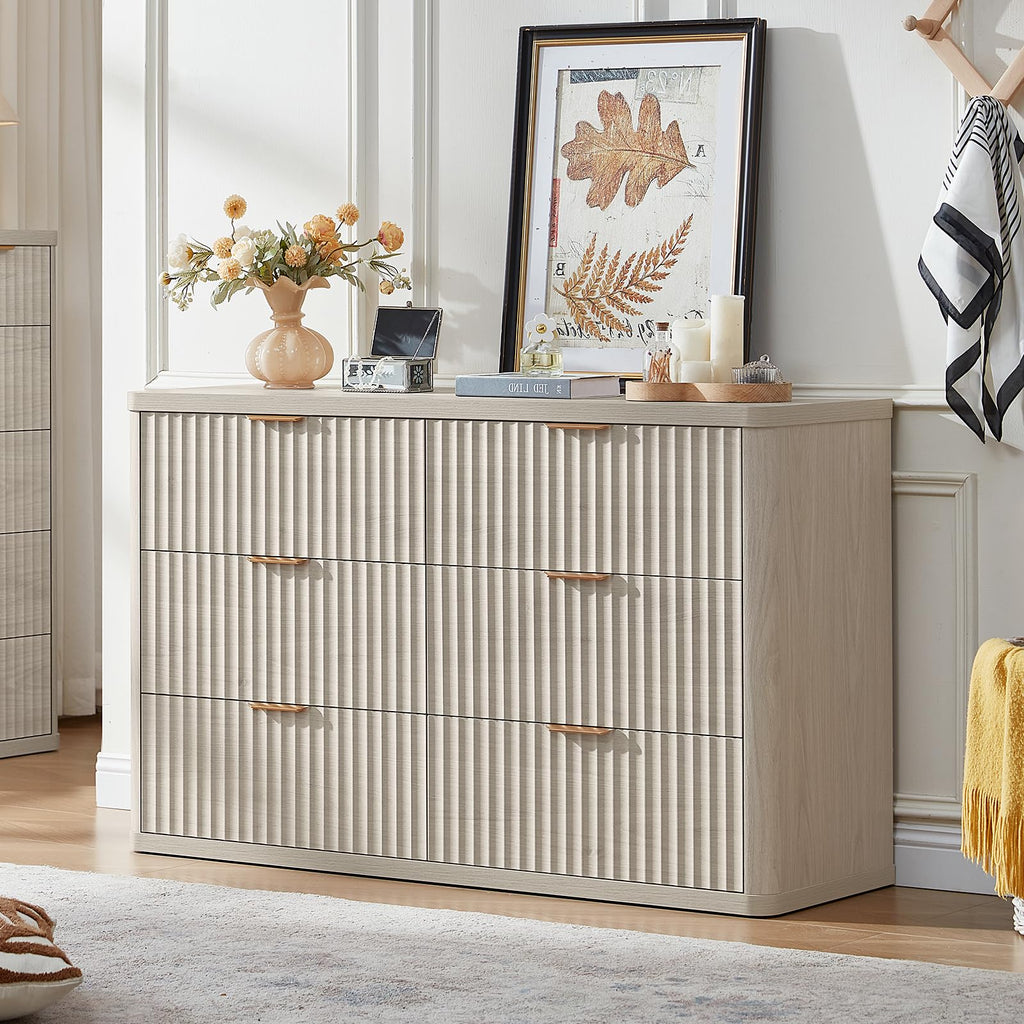 Fluted 6 Drawers Dresser Set of 2, 48" Wide Modern Chest of Drawers with Metal Handle, Light Grey Curved Profile