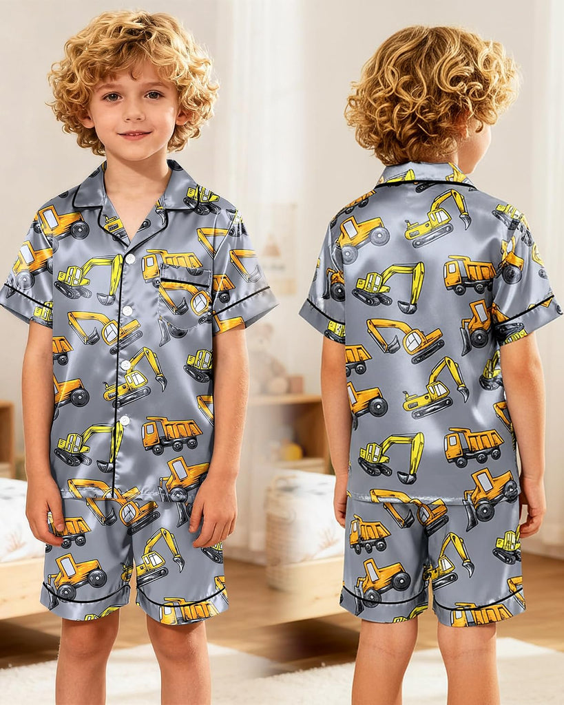 Boys Pajamas Little Boys Satin PJS Set Short Sleeve Button Down Kids Silky Pajama Lounge Sleepwear