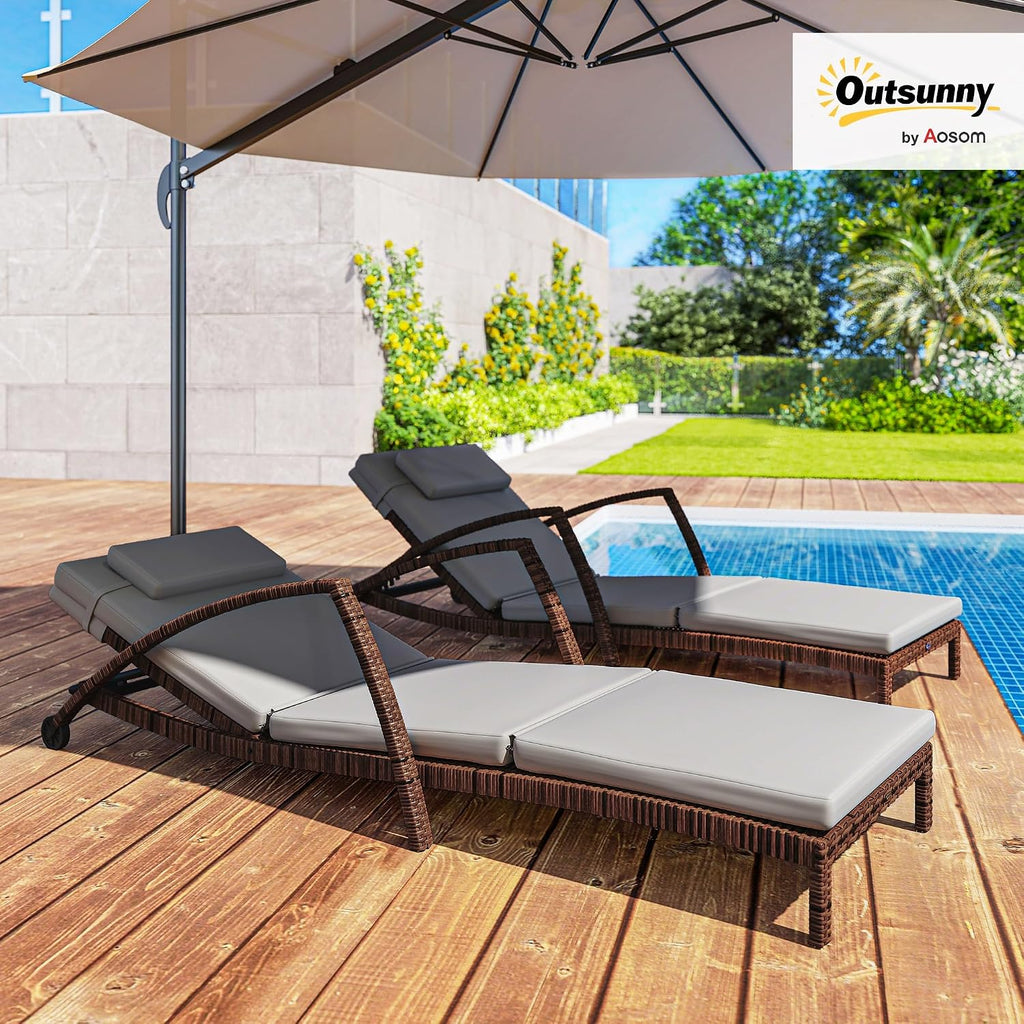 Wicker Chaise Lounge Chair Outdoor 5-Position Reclining Gray | Set of 2, Pool Lounge Chairs with Wheels, Rattan