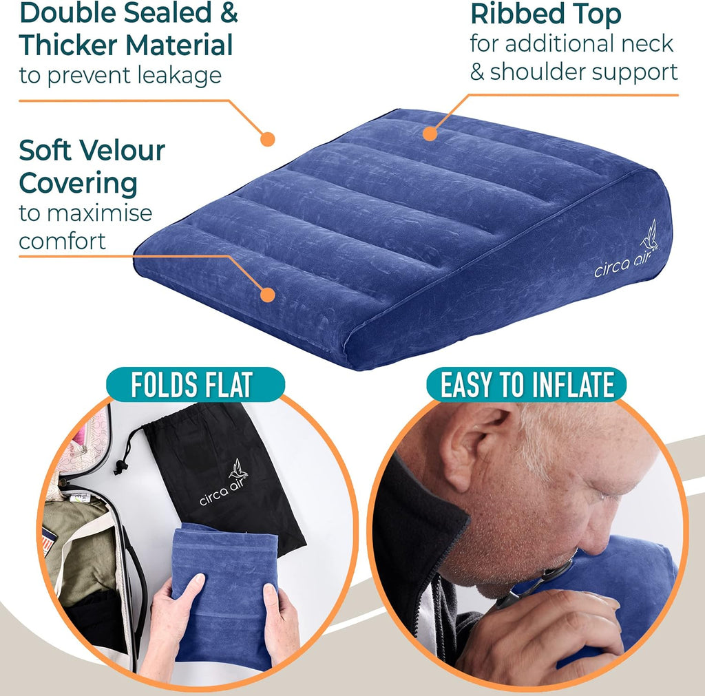 Inflatable Wedge Pillow (Blue 27') and Mini Pump Bundle - Travel Wedge Pillow for Sleeping, GERD, Snoring, or Acid