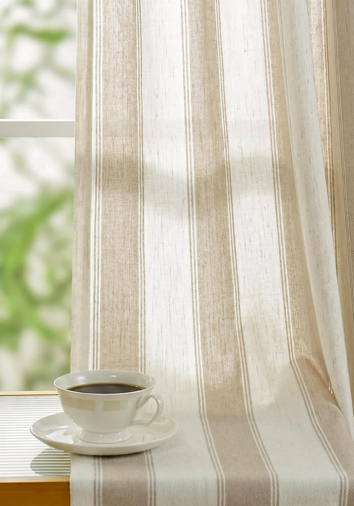 Beige Stripe Pinch Pleated Curtains 84 inches, Linen Blend Light Filtering Gingham Drapes with Memory Pleats for Living Room Bedroom, 2 Panels