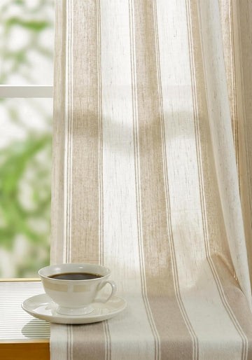 Beige Stripe Pinch Pleated Curtains 84 inches, Linen Blend Light Filtering Gingham Drapes with Memory Pleats for Living Room Bedroom, 2 Panels