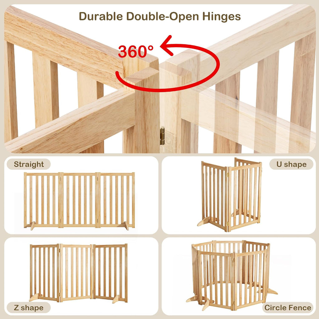 30" Height Tall Freestanding Pet Gate, Solid Wood Folding Safety Fence Wooden Dog Gate with 2 PCs Support Feet Ideal