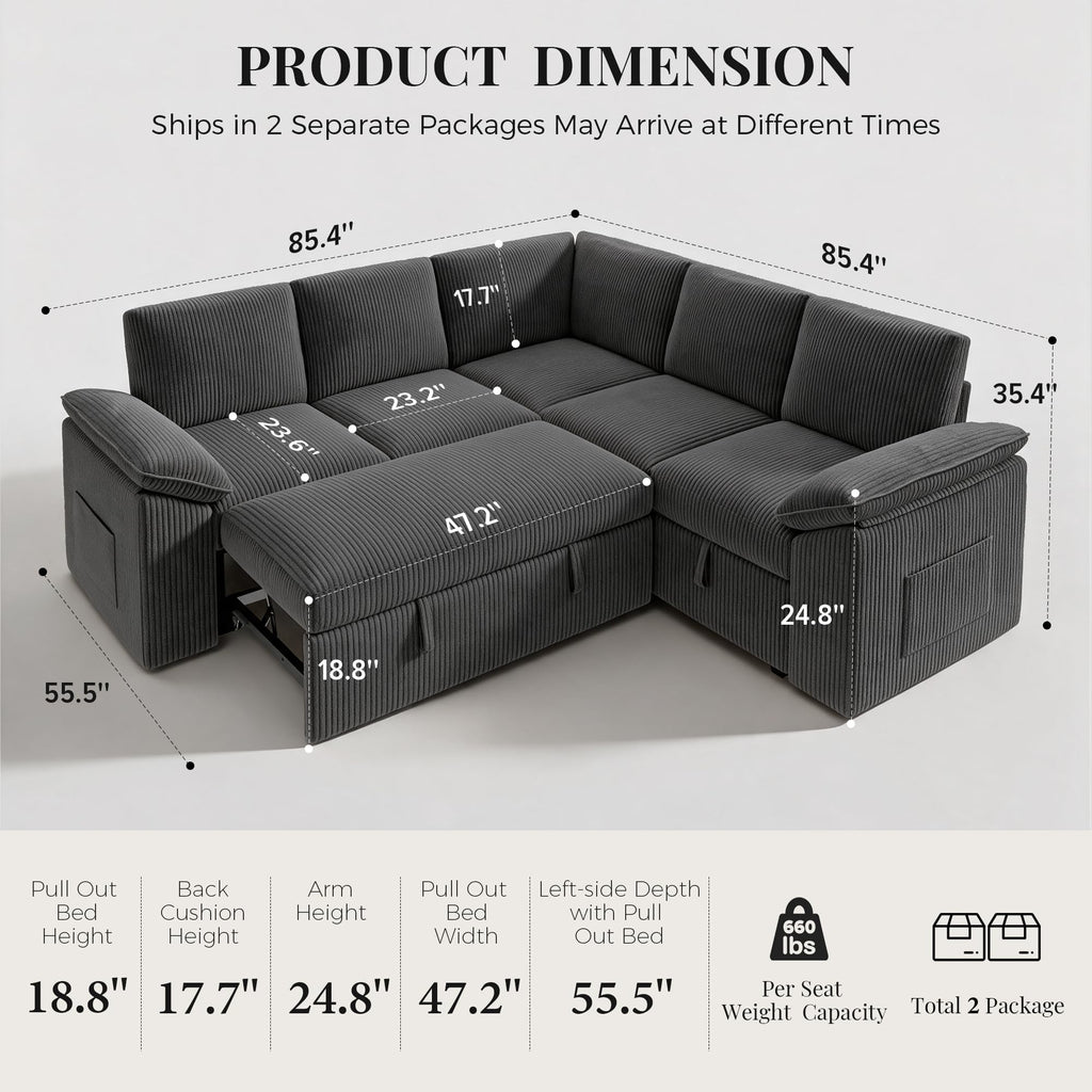 Modular Sectional Sleeper Sofa with Pull Out Bed, Dark Grey